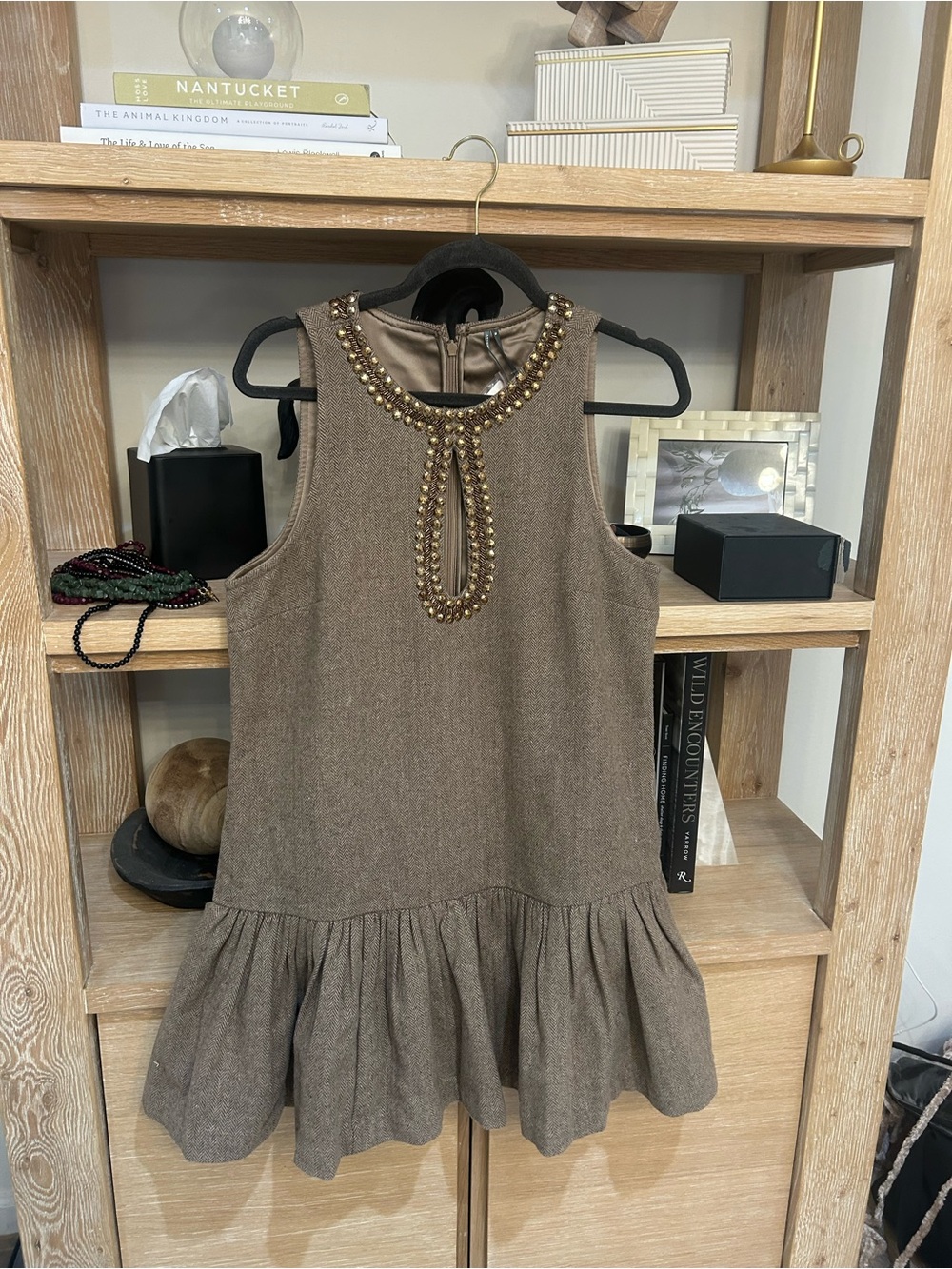 Anthropologie Brown Beaded Keyhole Mini Dress